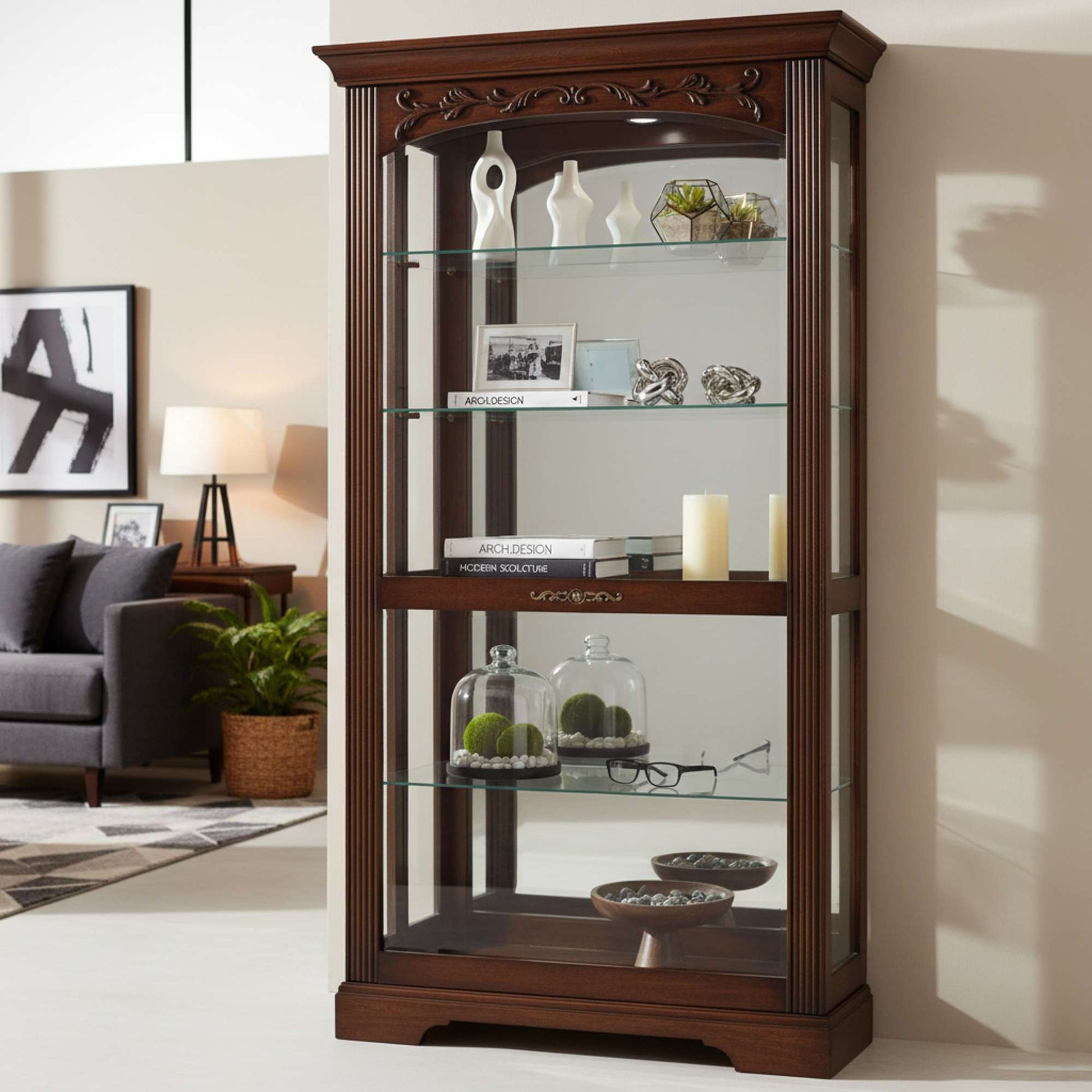 Wooden display cabinet with glass shelves holding decorative items