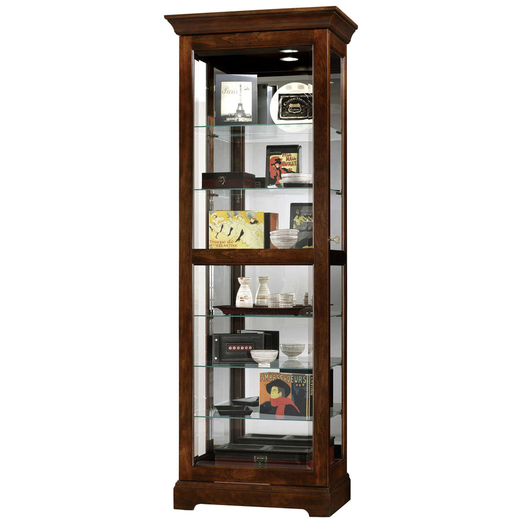 Tall wooden display cabinet showcasing various decorative items and collectibles.