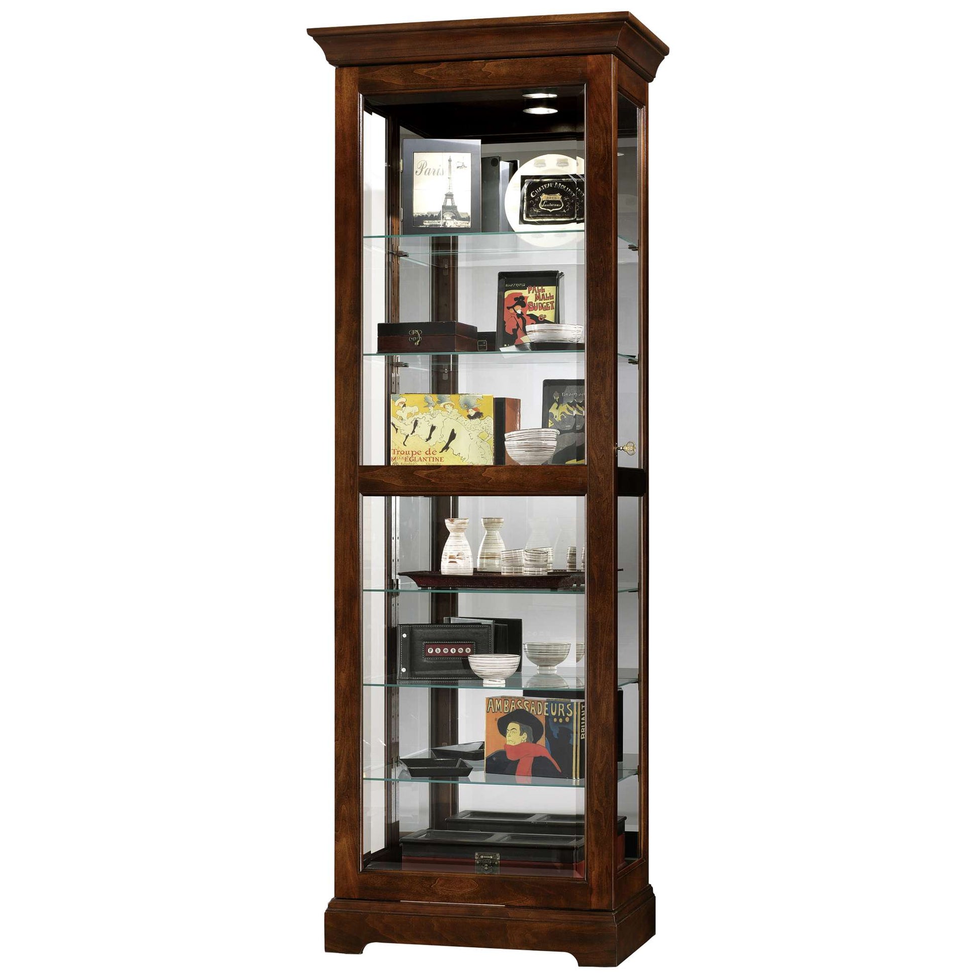 Tall wooden display cabinet showcasing various decorative items and collectibles.