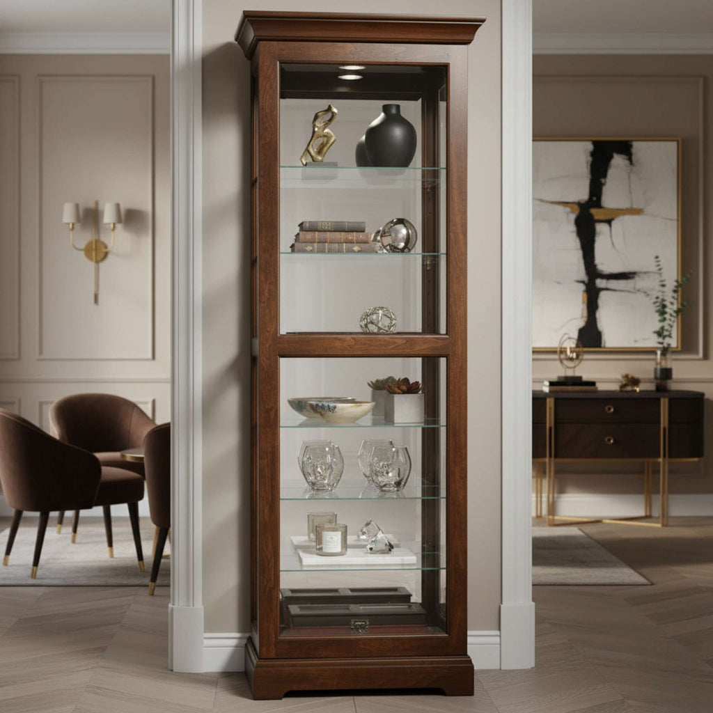 A tall wooden display cabinet with glass shelves, showcasing decorative items in a modern living space.