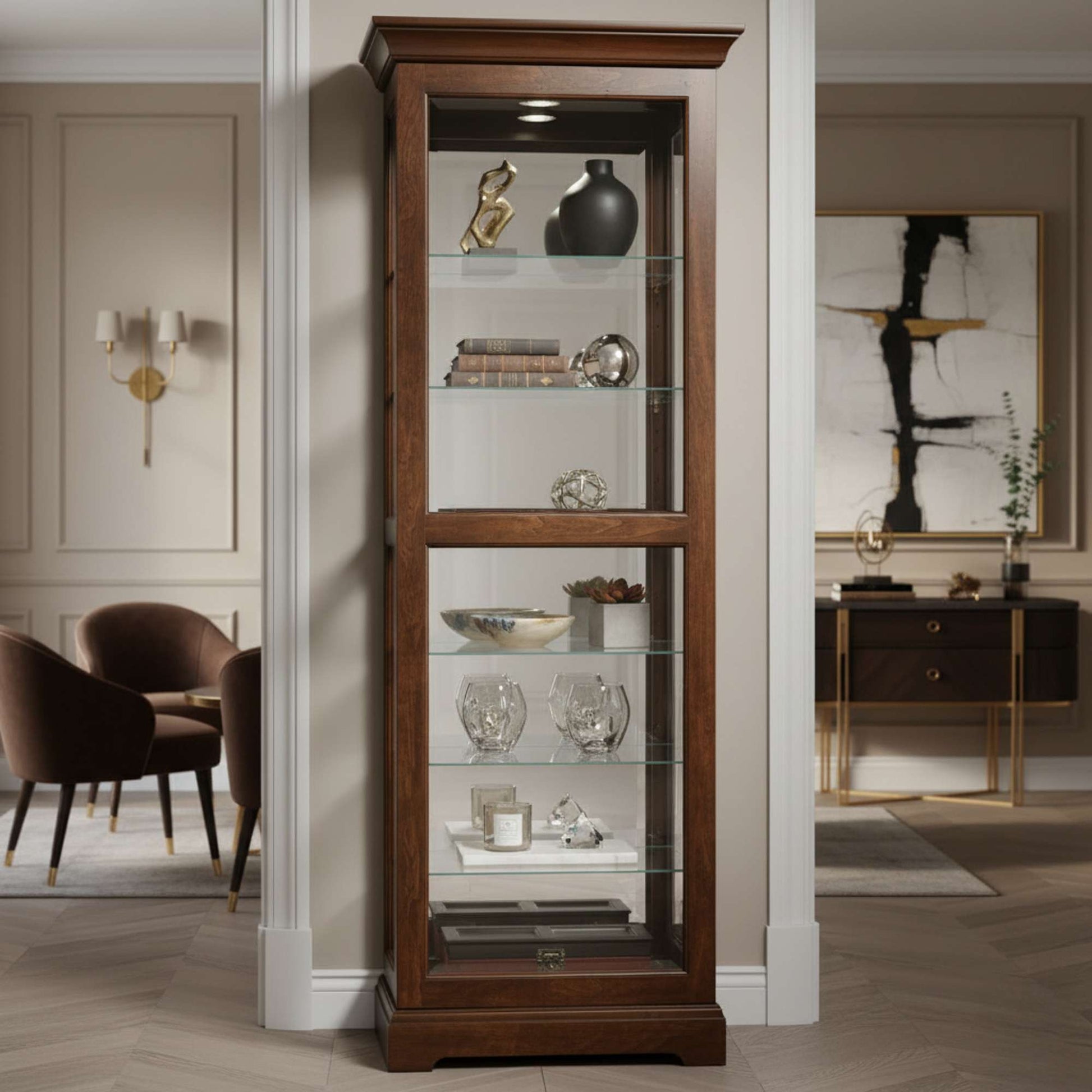 A tall wooden display cabinet with glass shelves, showcasing decorative items in a modern living space.