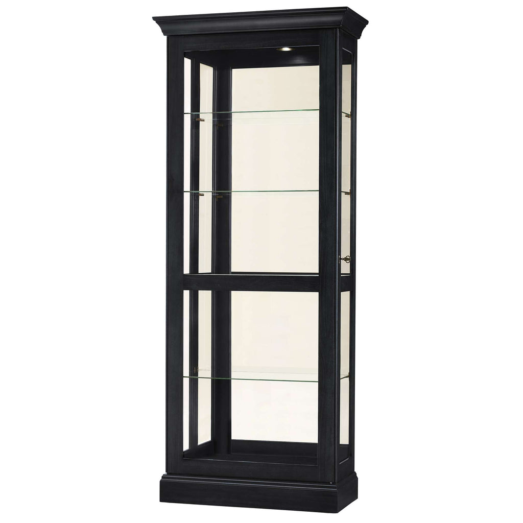 Tall black display cabinet with glass shelves