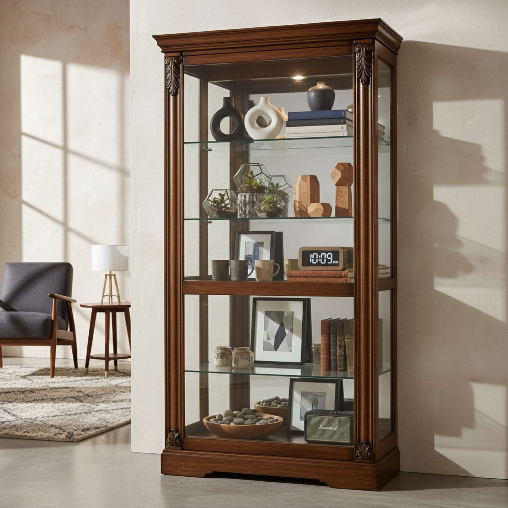 A wooden display cabinet with glass shelves, showcasing decorative items and photographs in a well-lit room.