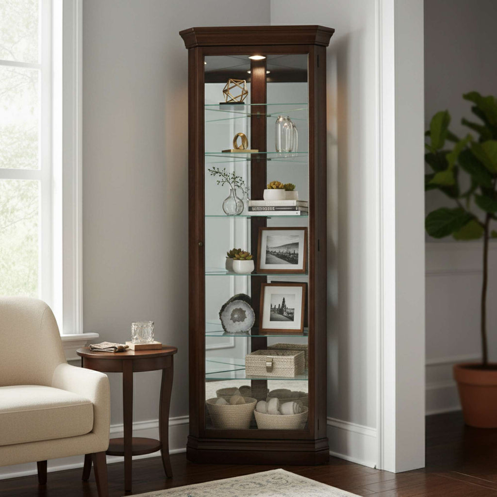 Tall glass display cabinet showcasing decorative items and photos, with a cozy chair nearby.