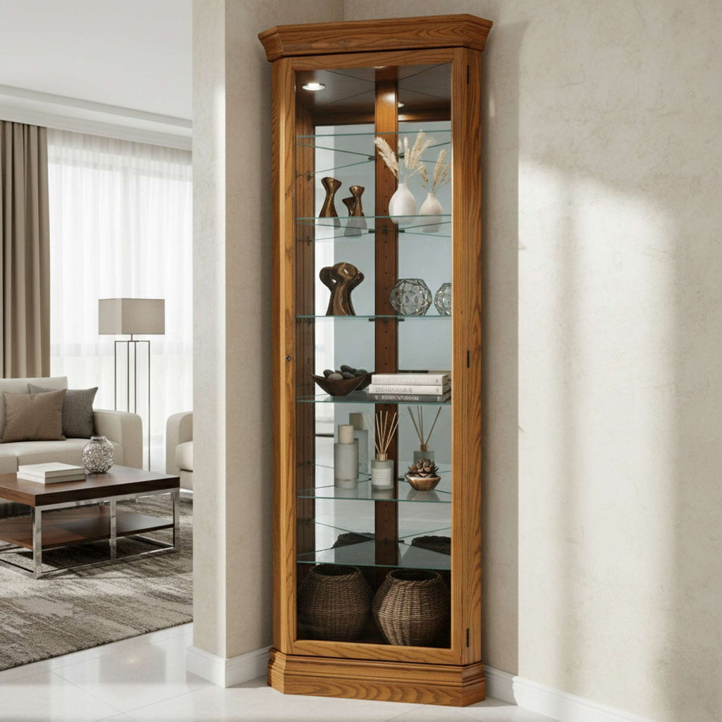 Elegant wooden display cabinet with glass shelves showcasing decorative items.