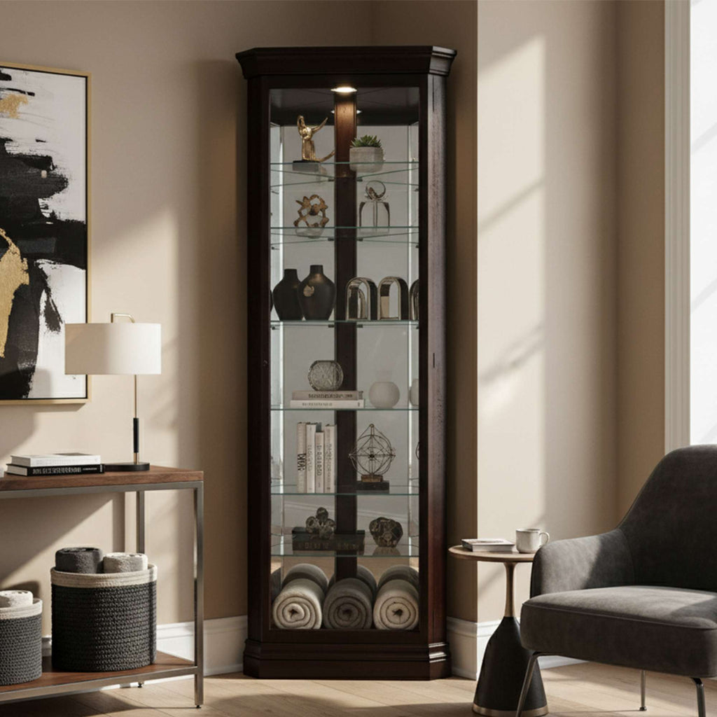 Elegant glass display cabinet in a modern living room setting.