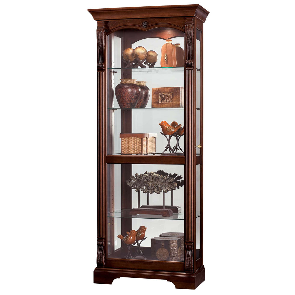 A tall wooden display cabinet with glass shelves and decorative items inside.
