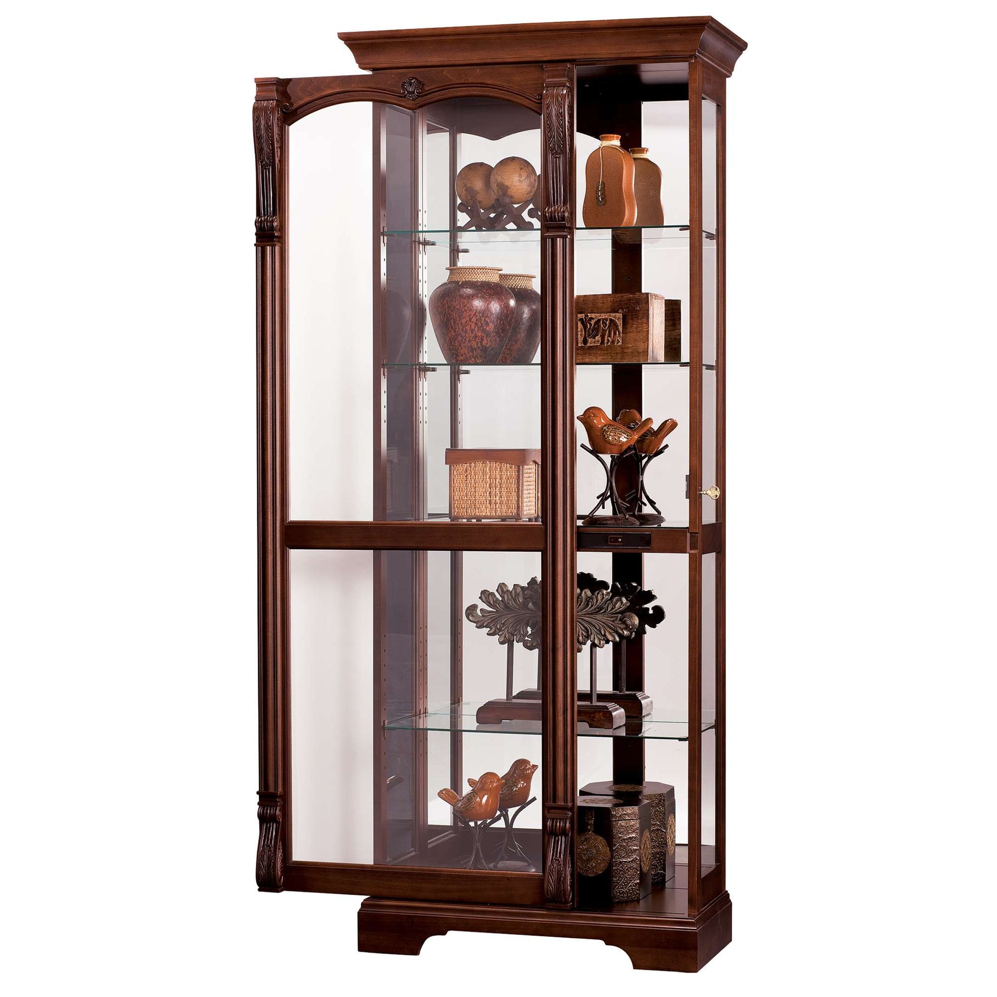 Wooden display cabinet with glass shelves showcasing decorative items.