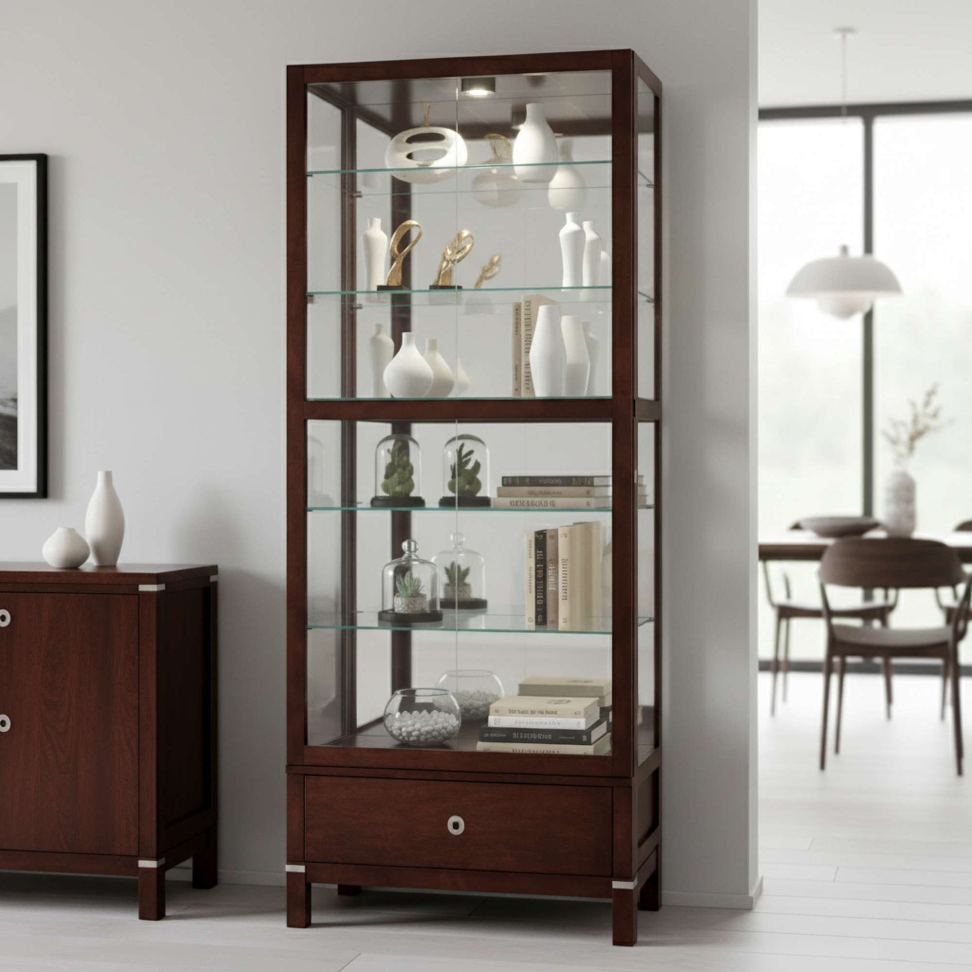 A modern wooden display cabinet with glass shelves showcasing decorative items, set in a minimalist interior.