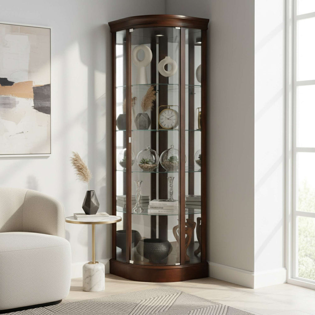 Elegant corner display cabinet with glass shelves showcasing decorative items in a modern living room setting.