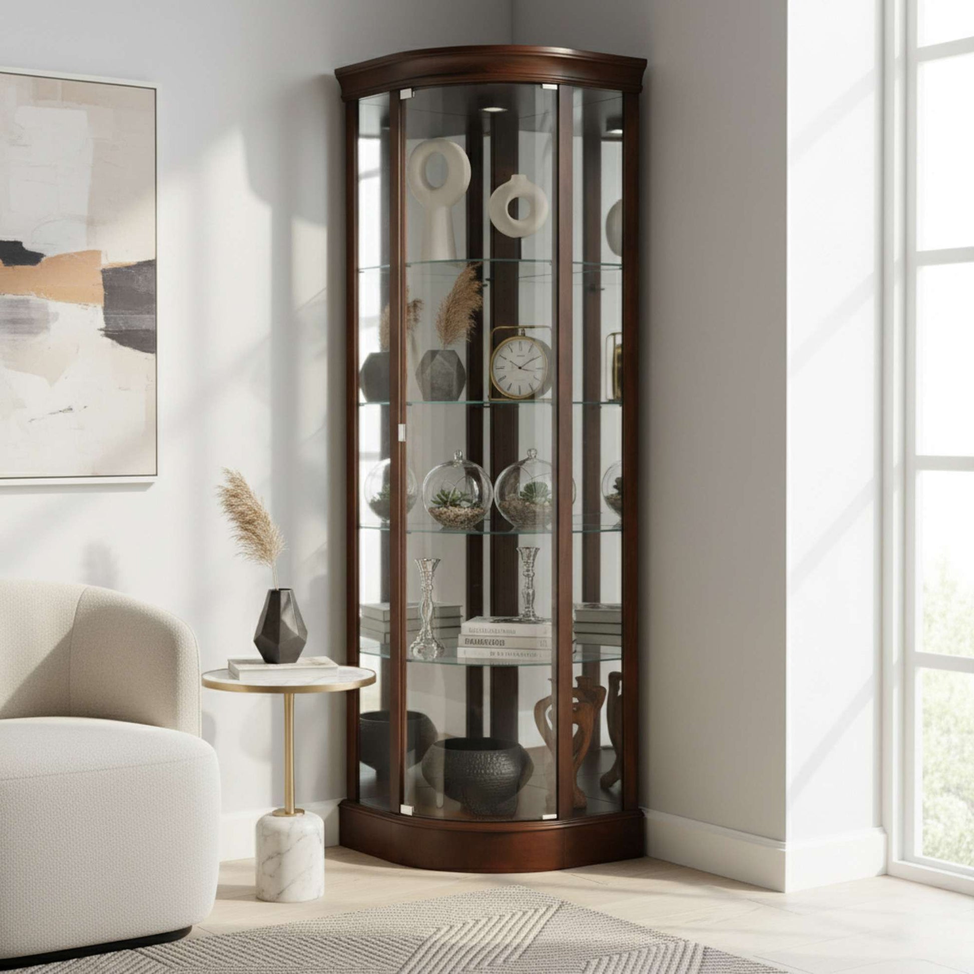 Elegant corner display cabinet with glass shelves showcasing decorative items in a modern living room setting.