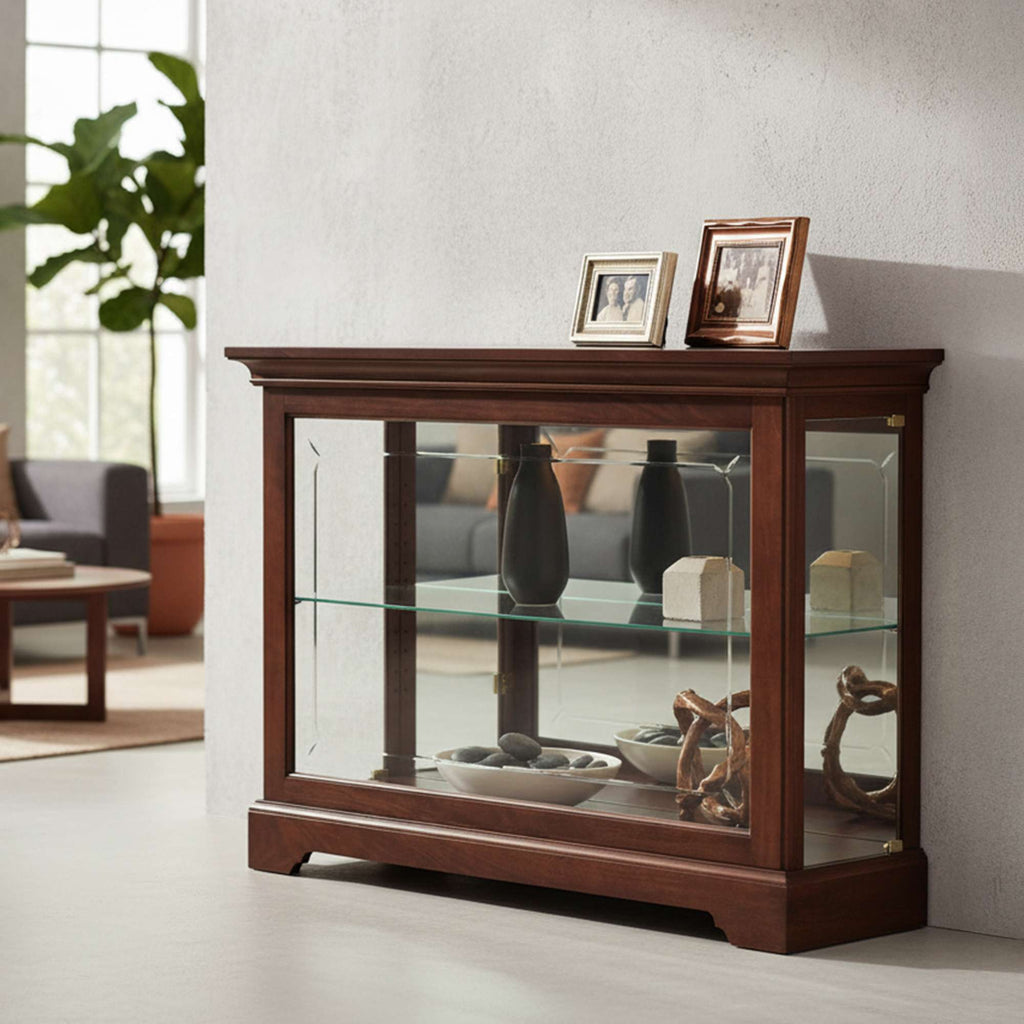 Wooden display cabinet with glass shelves in a modern living room