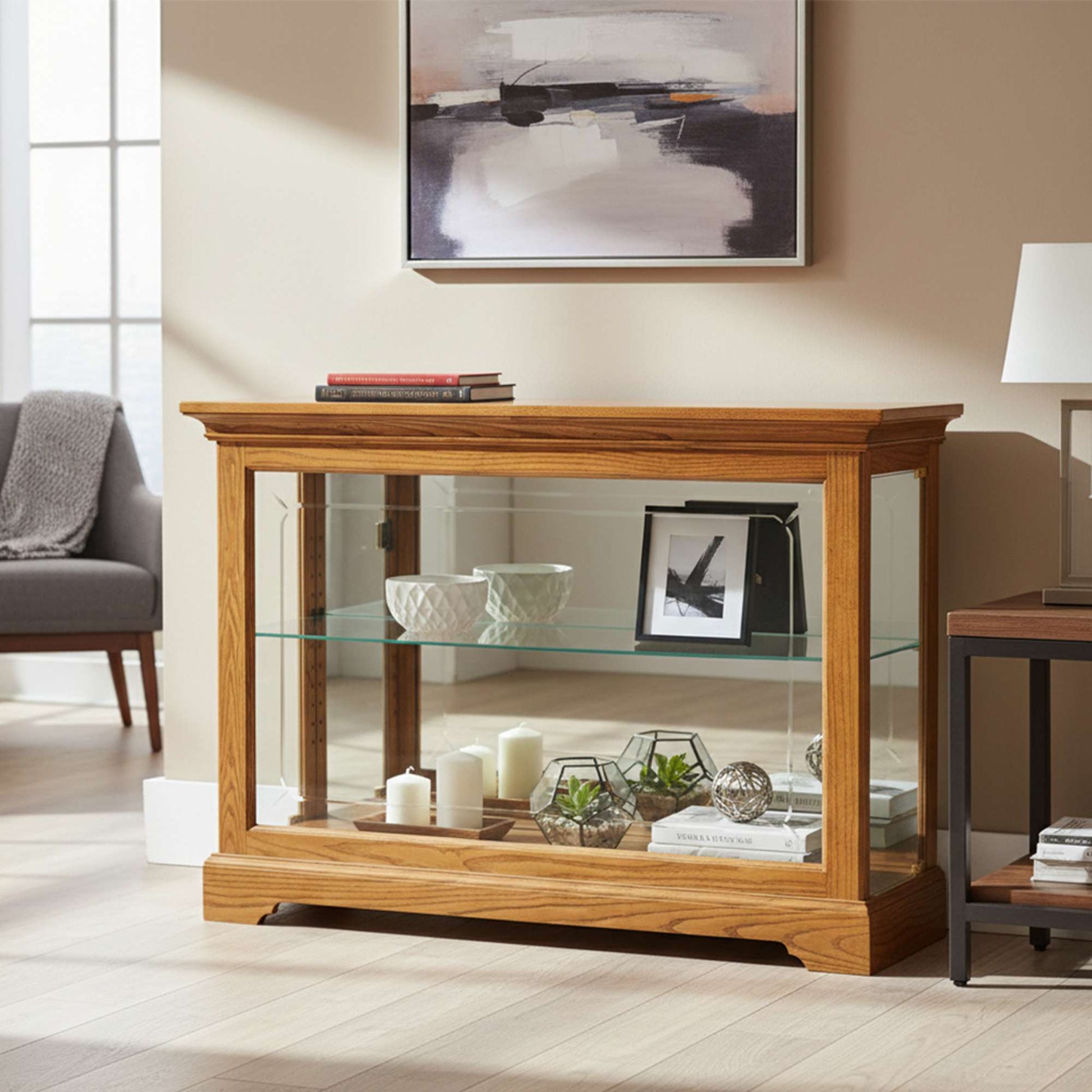 Elegant wooden display cabinet with glass shelves in a modern living room