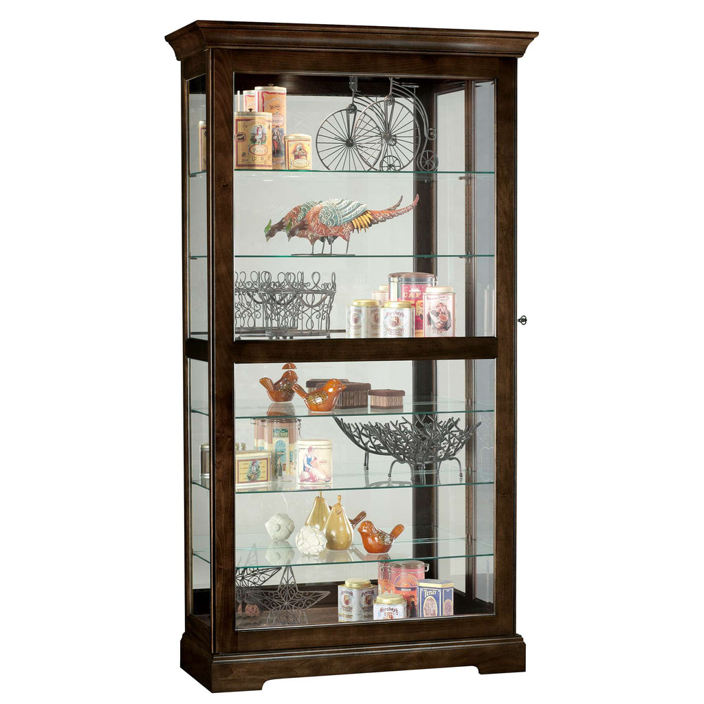 A tall wooden display cabinet with glass shelves showcasing decorative items and collectibles.