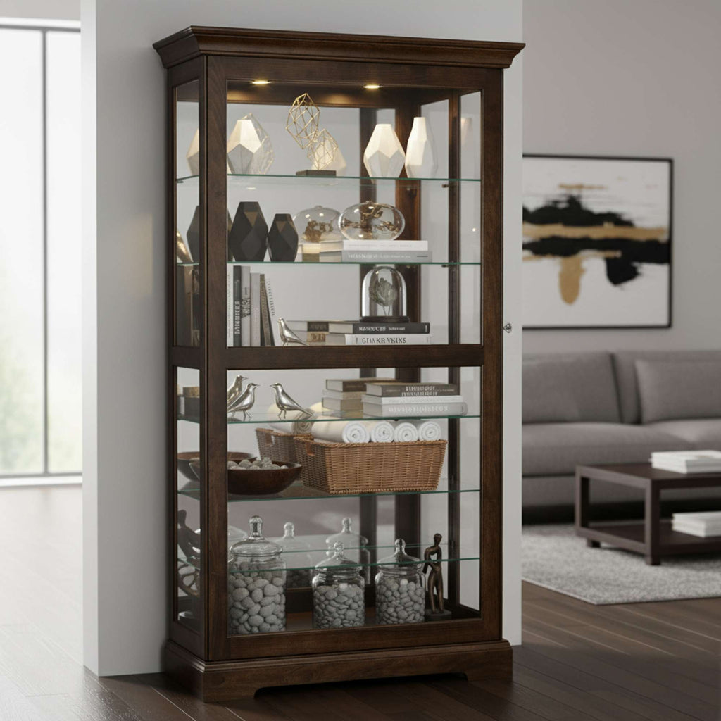 A wooden display cabinet with glass shelves showcasing decorative items, set in a modern living room.