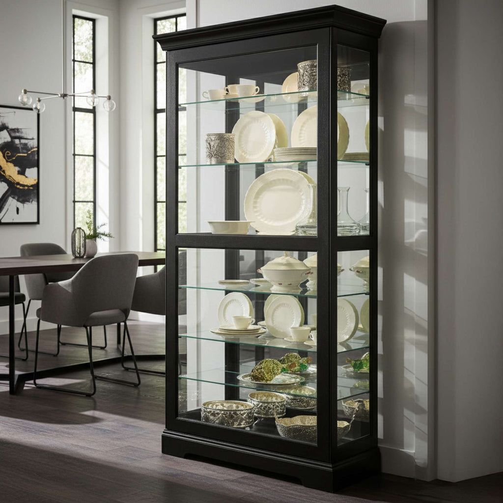 A modern display cabinet showcasing fine china and decorative plates.