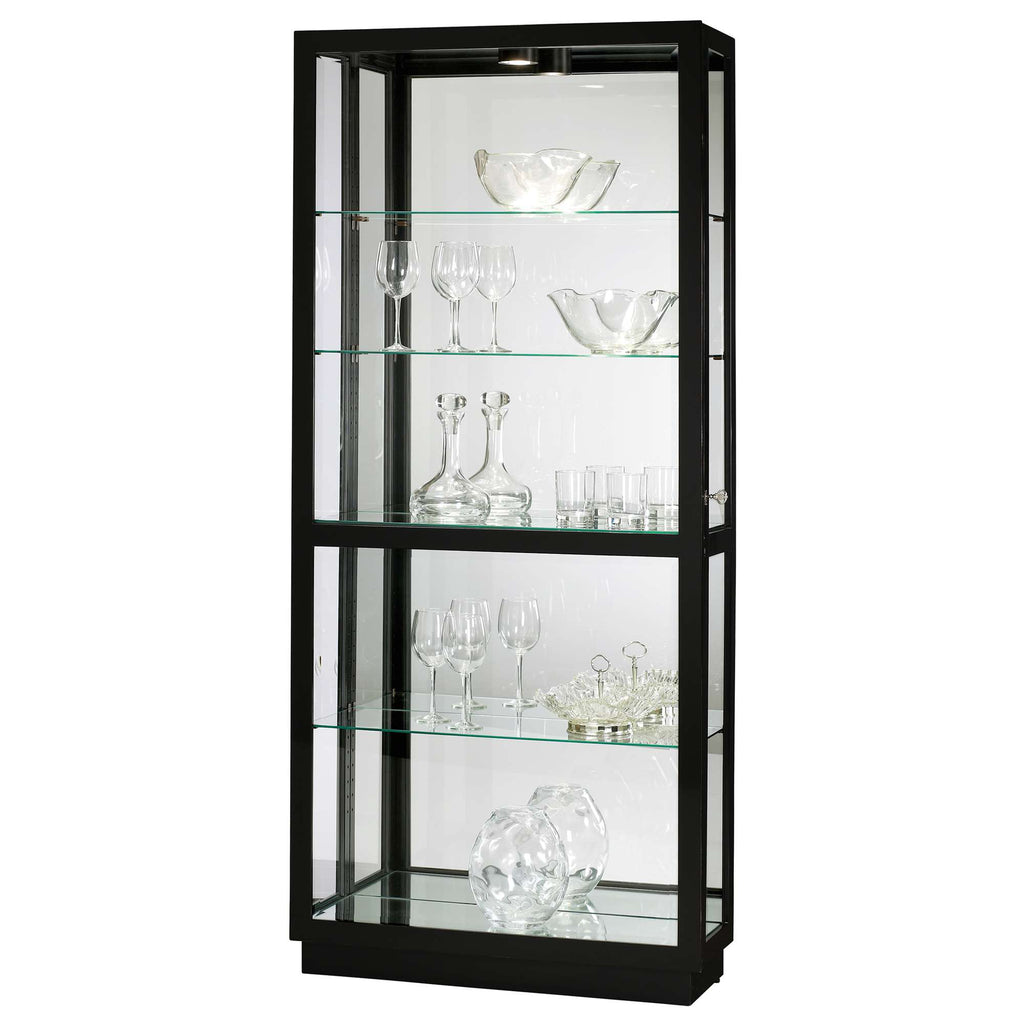 A tall glass display cabinet featuring multiple shelves filled with various types of glassware.