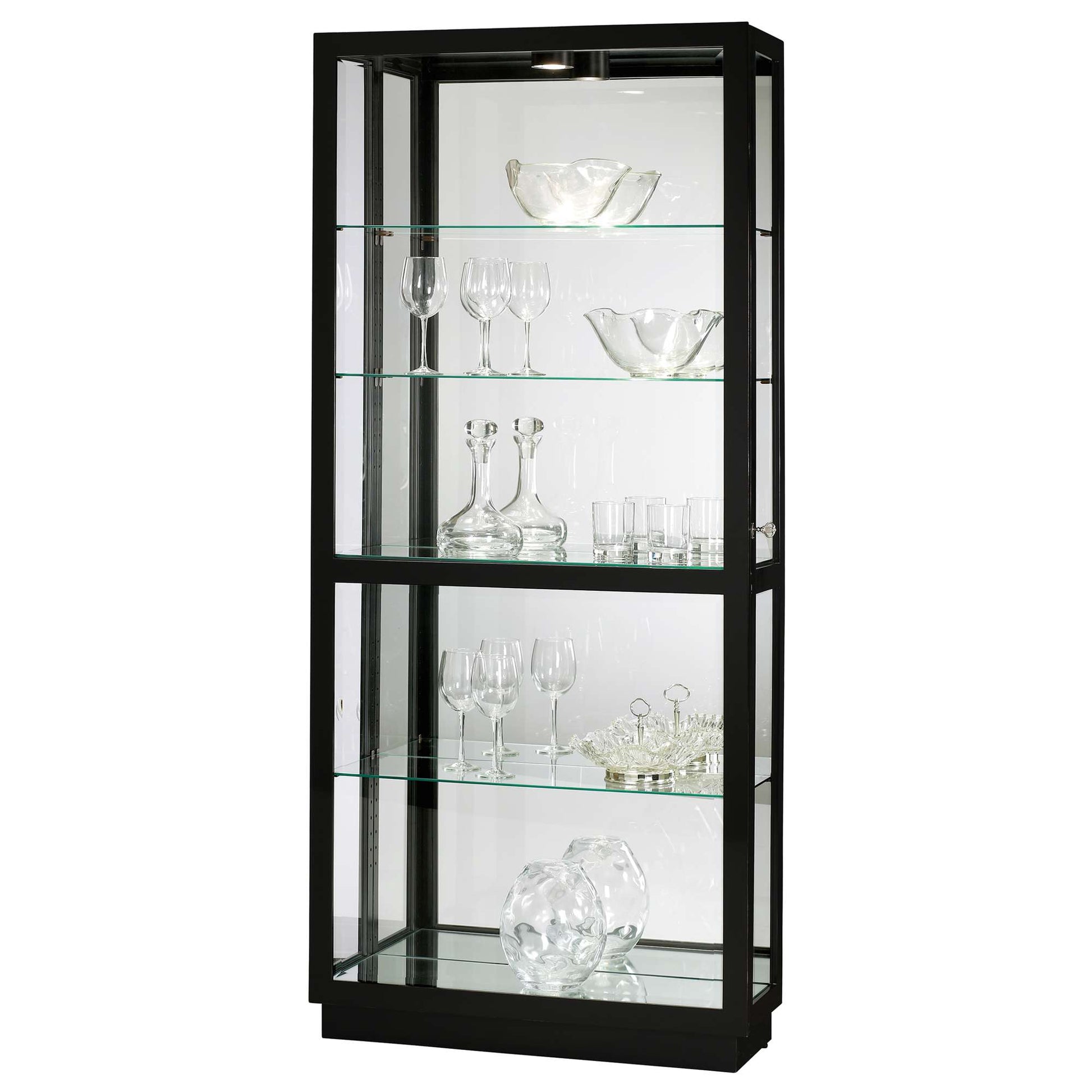 A tall glass display cabinet featuring multiple shelves filled with various types of glassware.