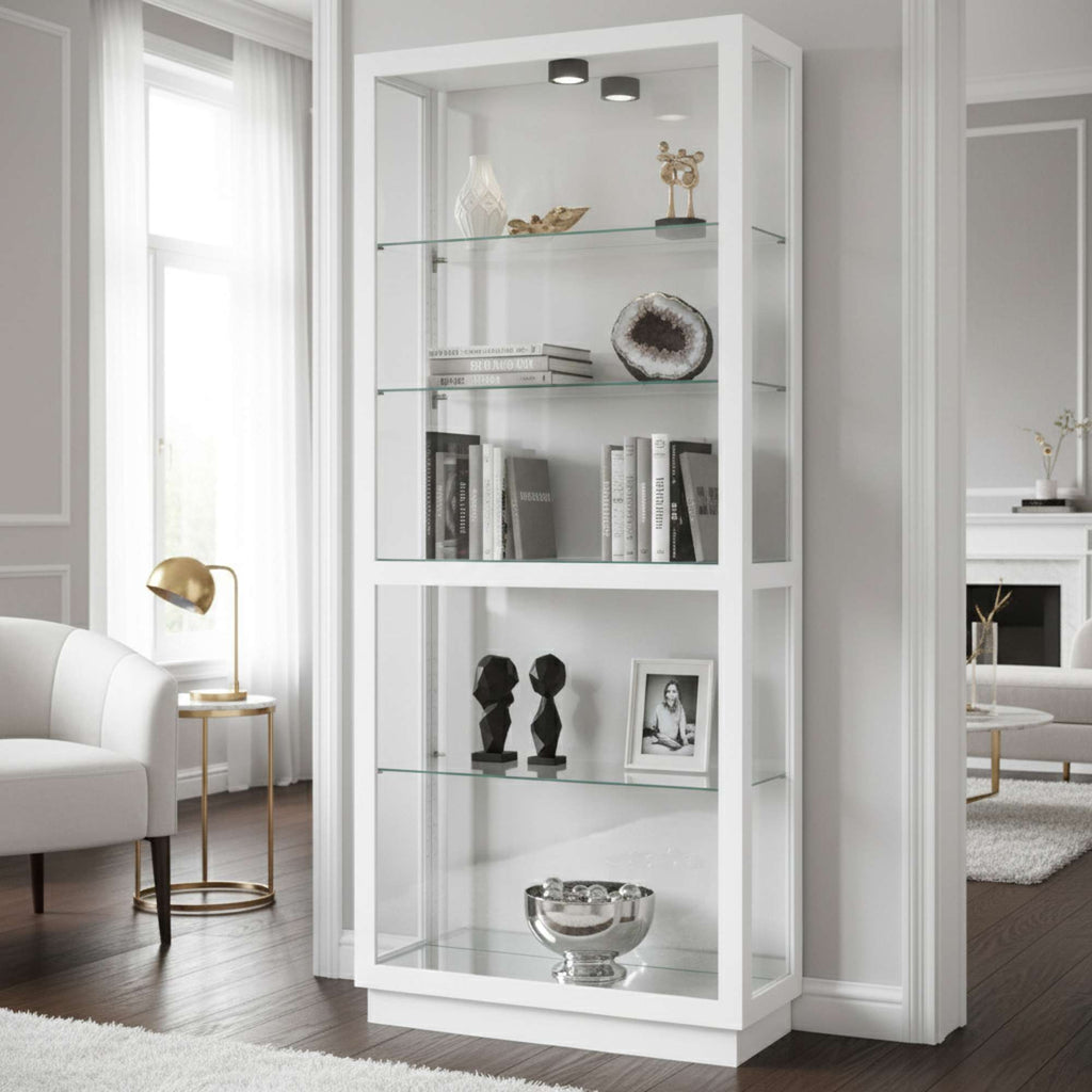 Modern white display cabinet with glass shelves and decorative items