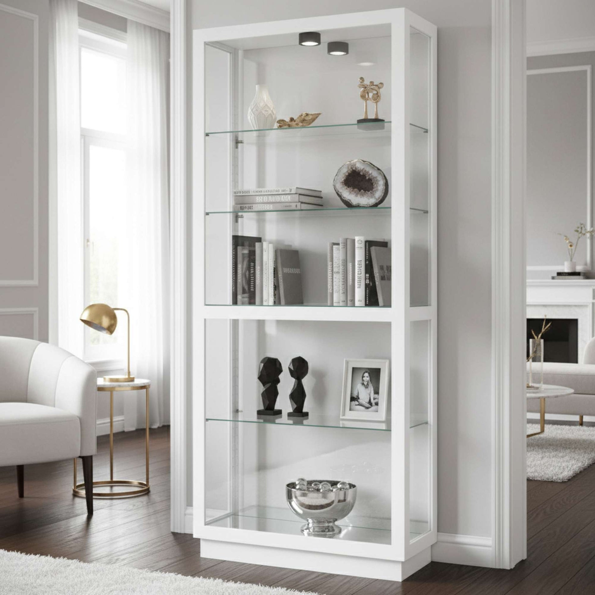 Modern white display cabinet with glass shelves and decorative items