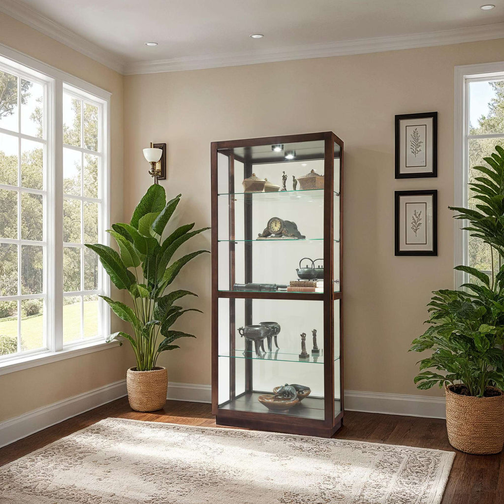 Elegant display cabinet with glass shelves showcasing decorative items, surrounded by greenery in a bright room.