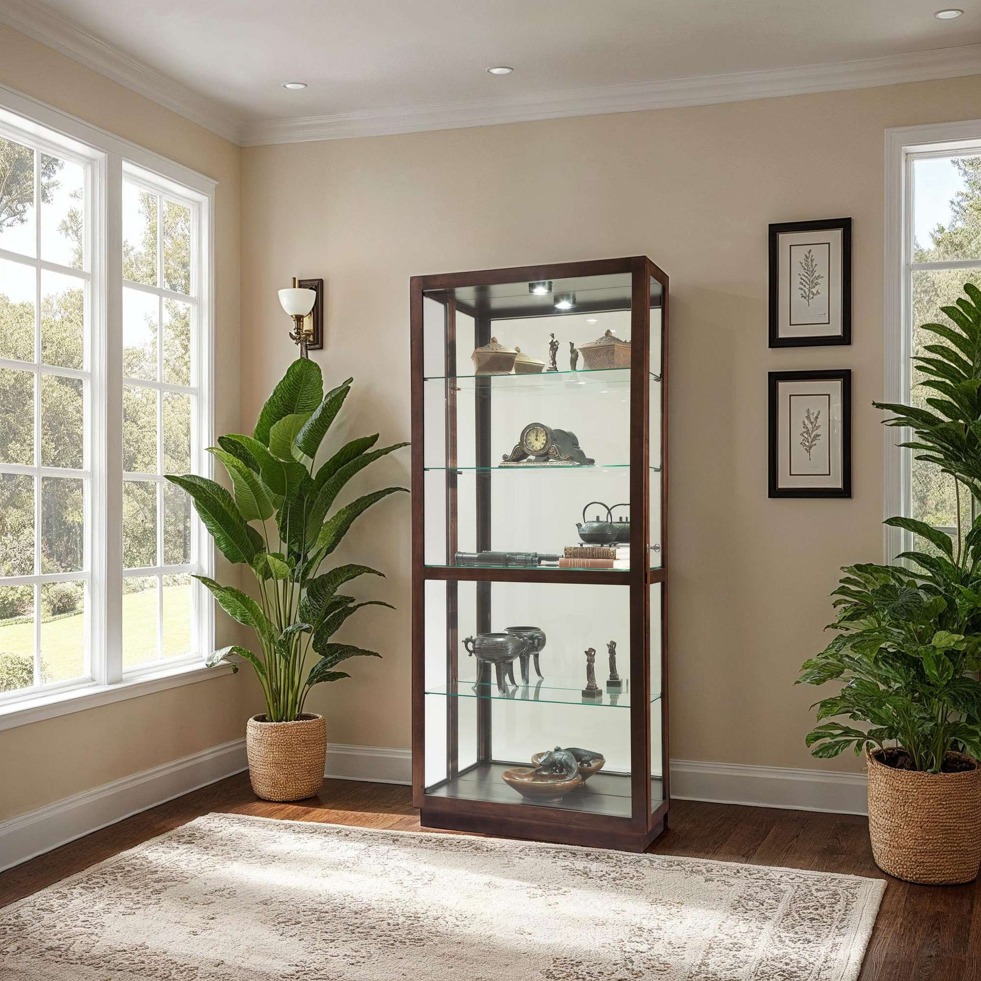 Elegant display cabinet with glass shelves showcasing decorative items, surrounded by greenery in a bright room.