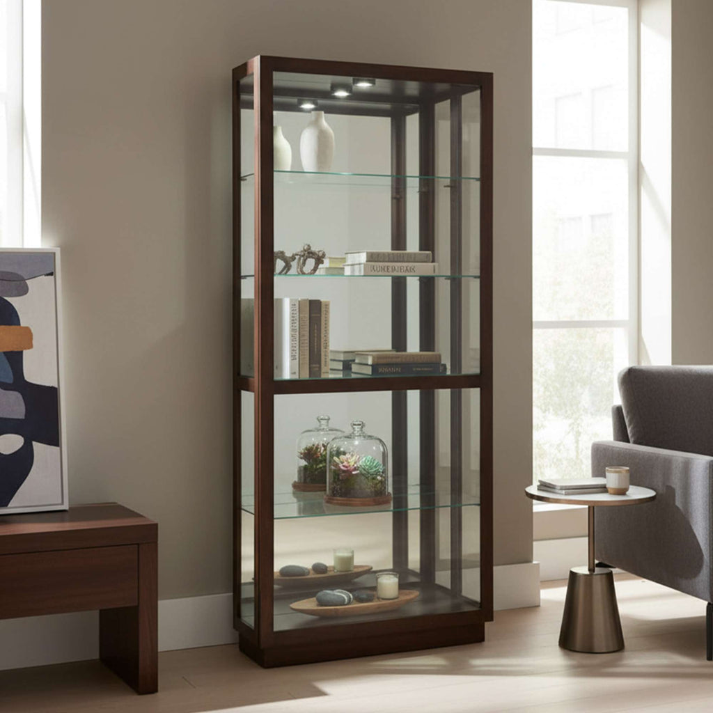 Modern glass display cabinet in a bright room