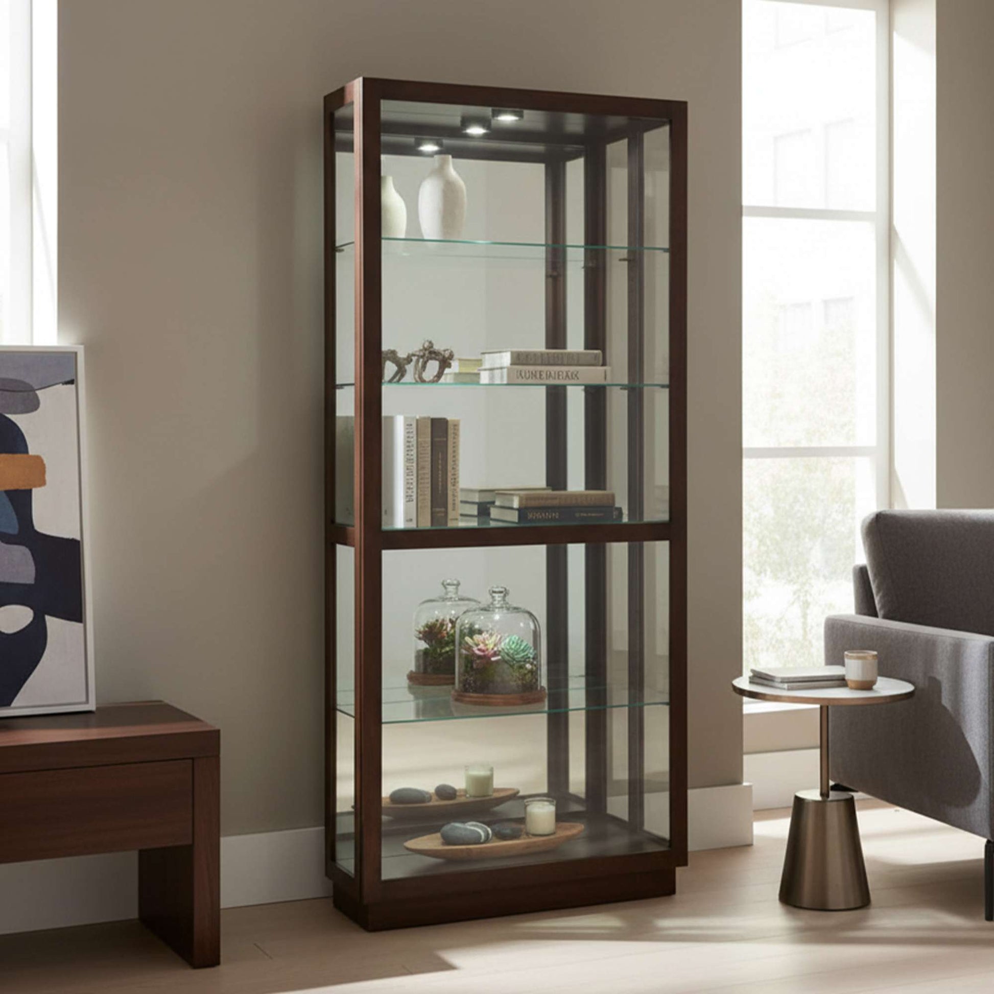 Modern glass display cabinet in a bright room