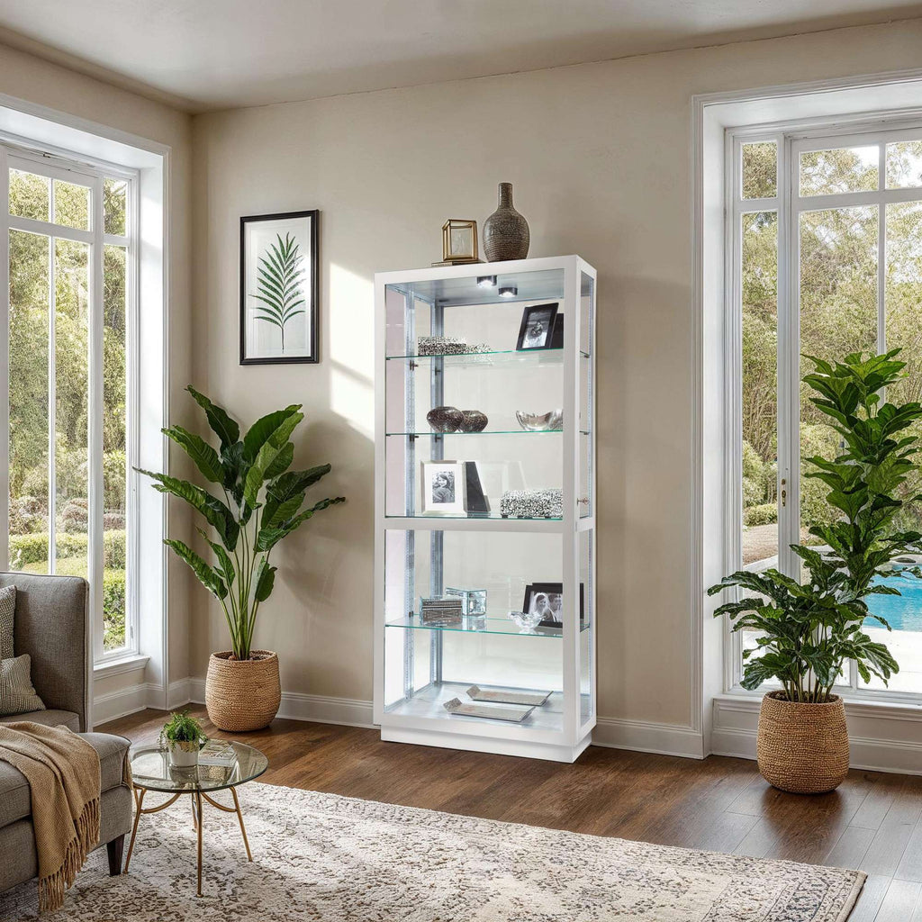Modern living room with a glass display cabinet, plants, and natural light