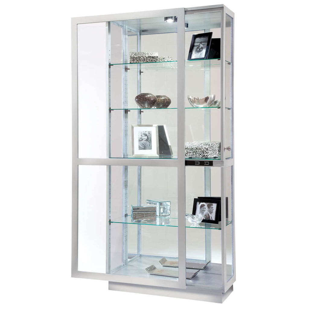 Modern glass display cabinet with shelves and decorative items