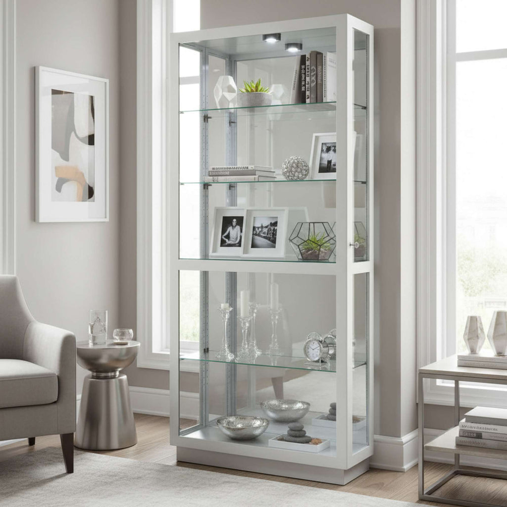 Modern glass display cabinet in a bright room.