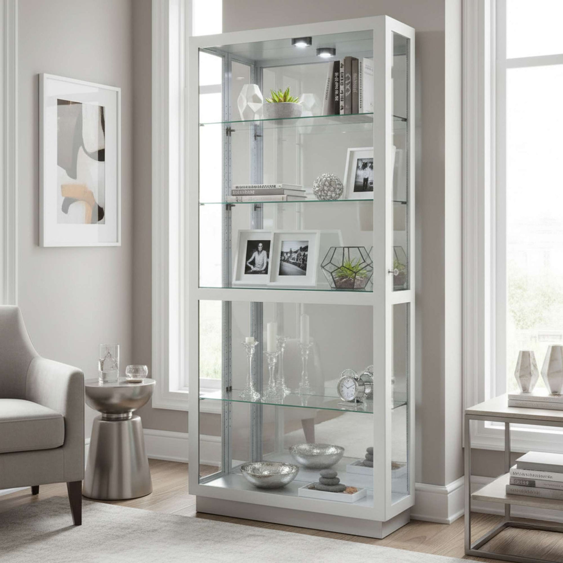 Modern glass display cabinet in a bright room.