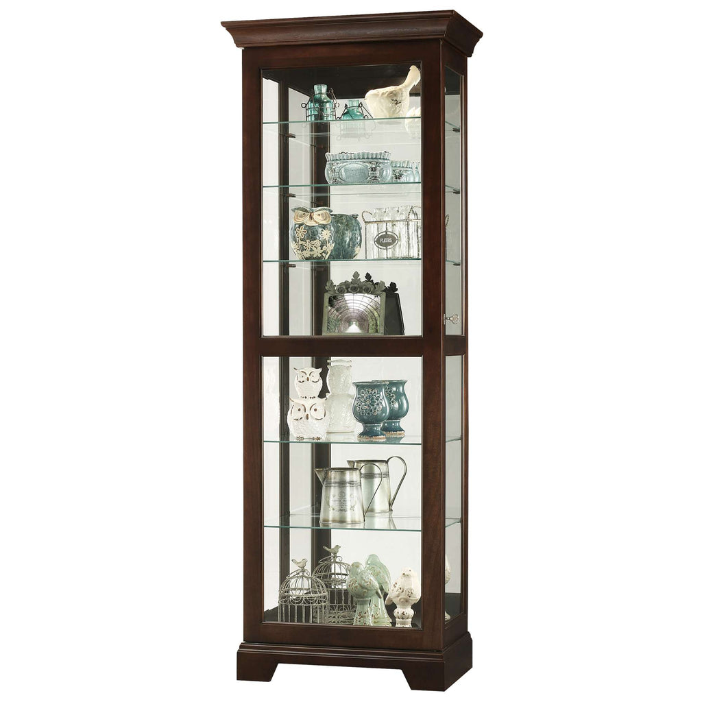 A tall wooden display cabinet with glass shelves showcasing various decorative items.