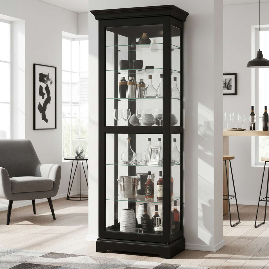 A modern glass display cabinet showcasing various decorative items and glassware.