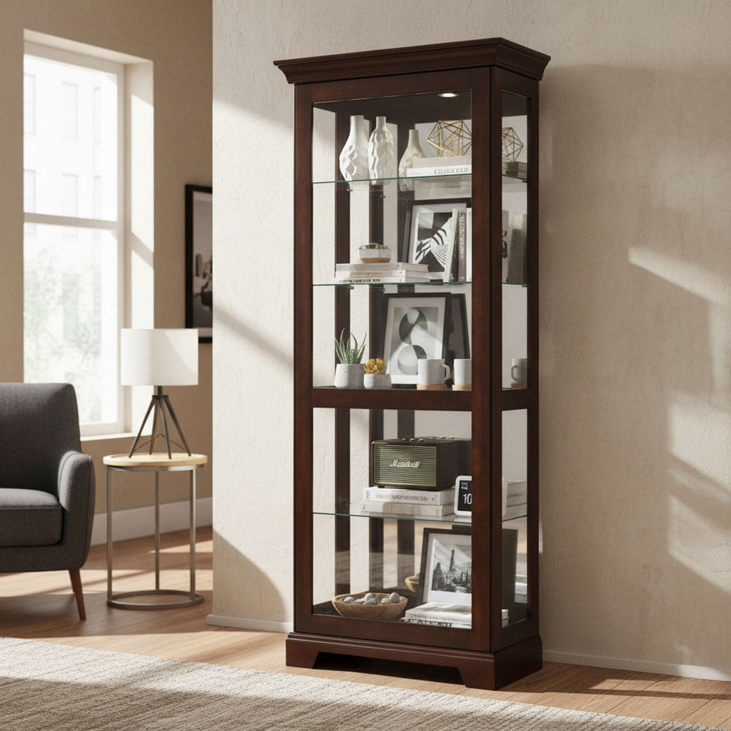 Elegant wooden display cabinet with glass shelves in a well-lit room