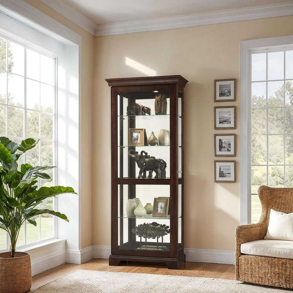 A tall wooden display cabinet in a sunlit room with large windows and a plant nearby.