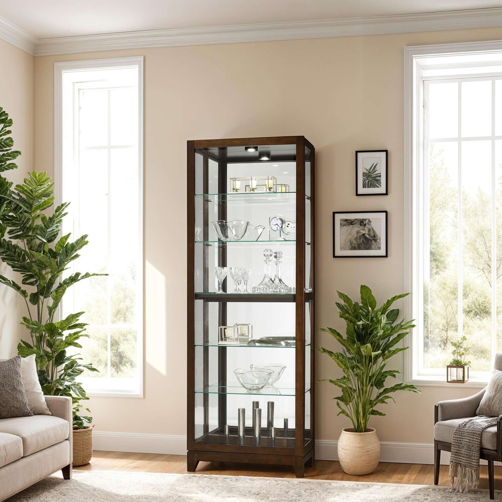 A modern glass display cabinet filled with decorative items, positioned next to large windows with natural light.