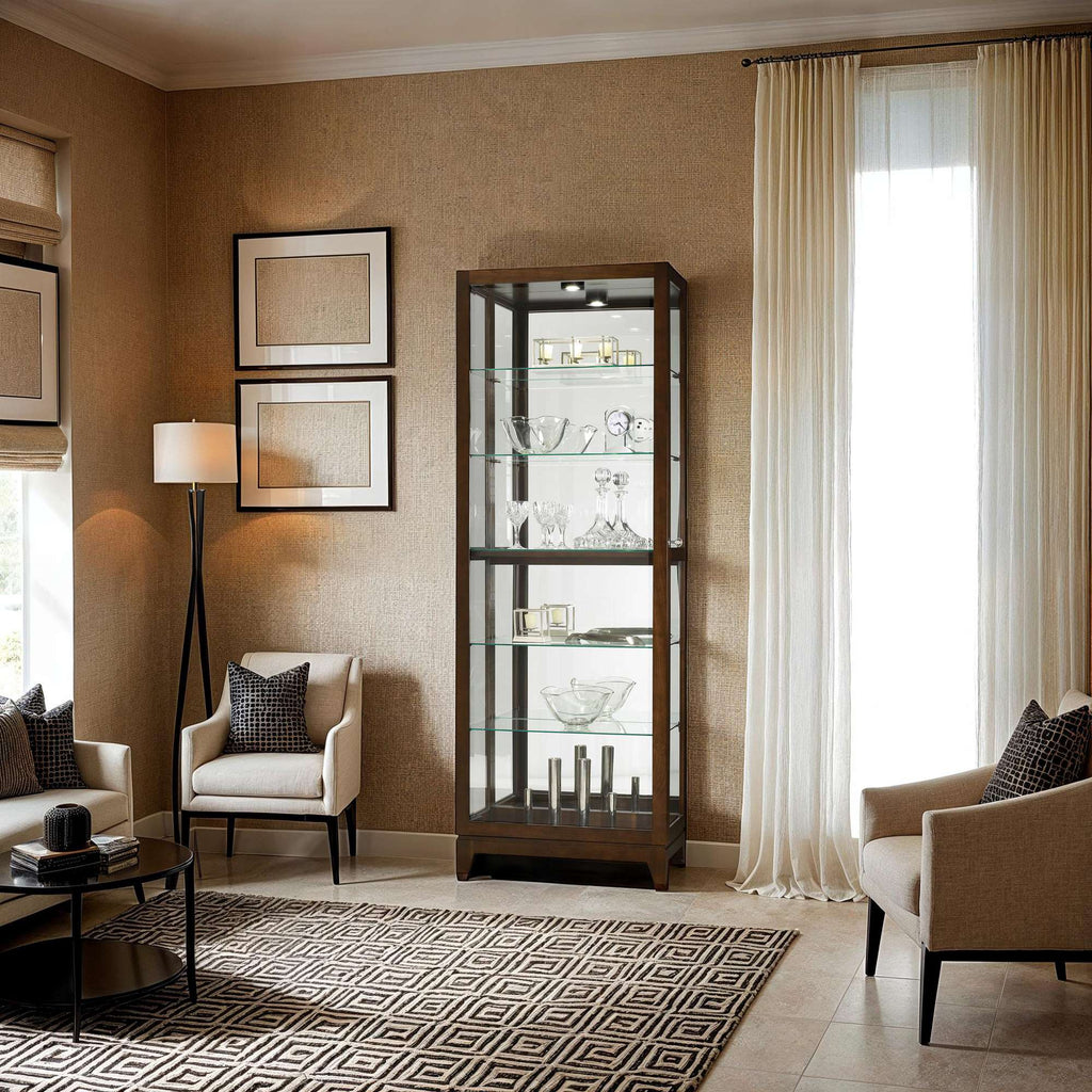 A modern living room featuring a glass display cabinet, two armchairs, a round coffee table, and decorative elements.