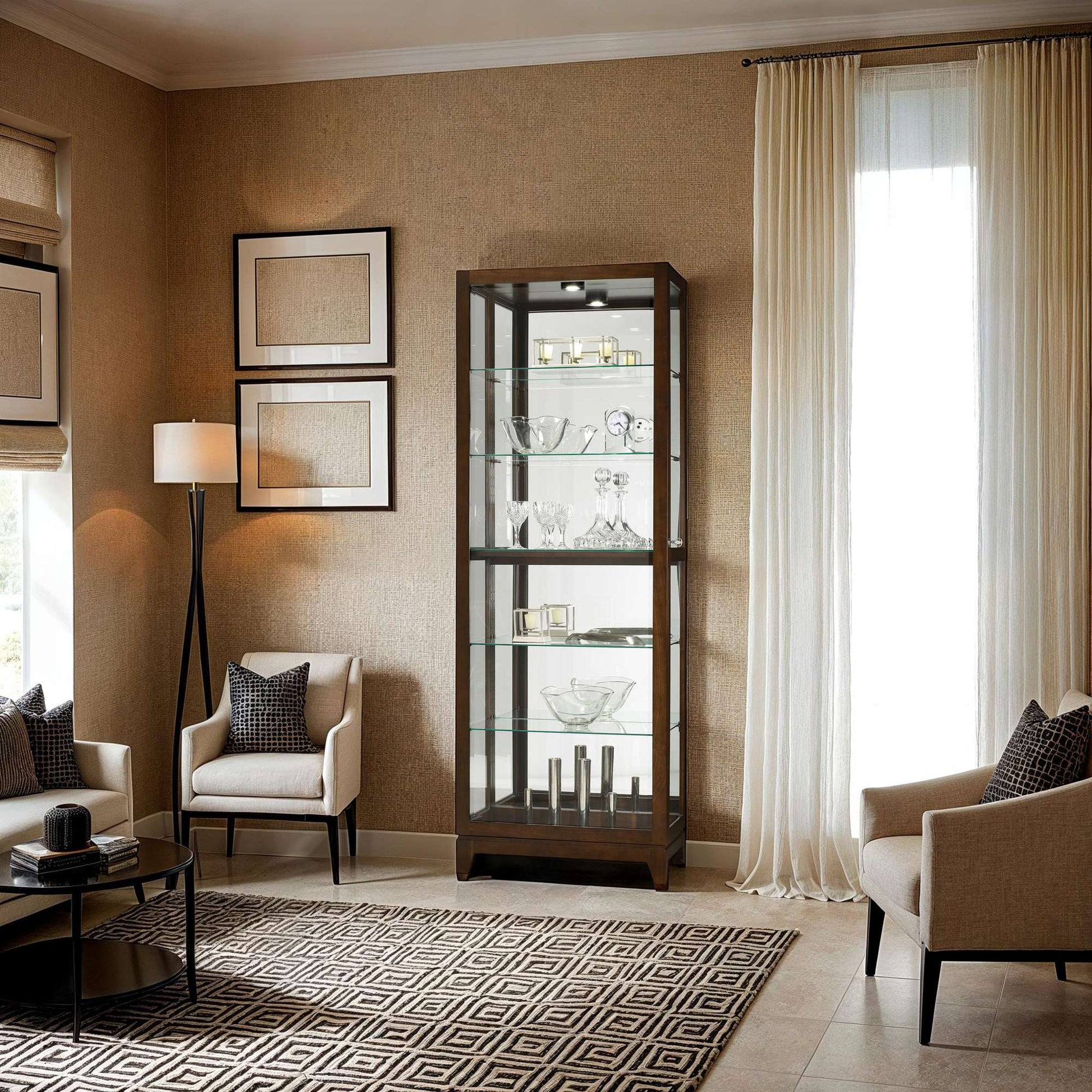 A modern living room featuring a glass display cabinet, two armchairs, a round coffee table, and decorative elements.