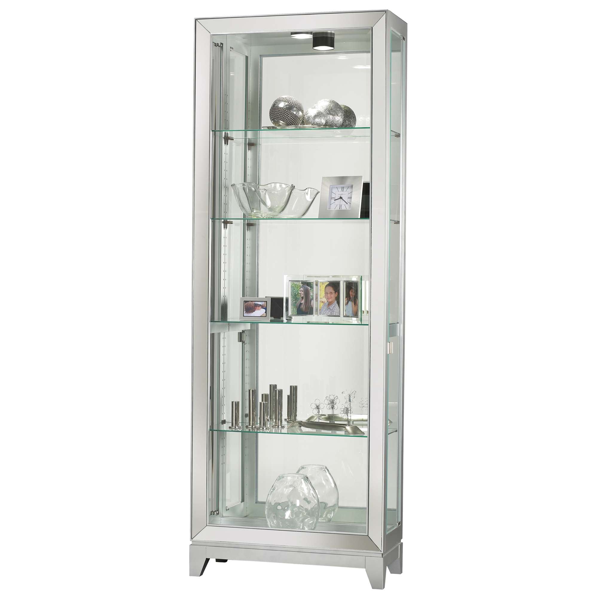A tall glass display cabinet showcasing various decorative items.