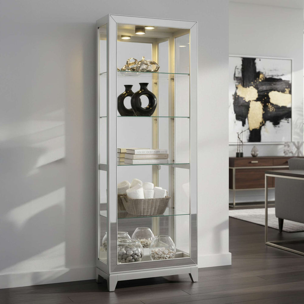 A modern glass display cabinet with decorative items showcased inside.