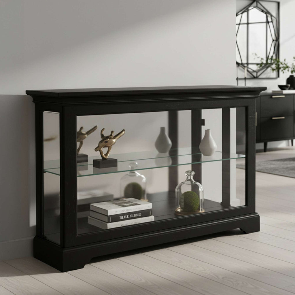 Modern black display cabinet with glass shelves and decorative items