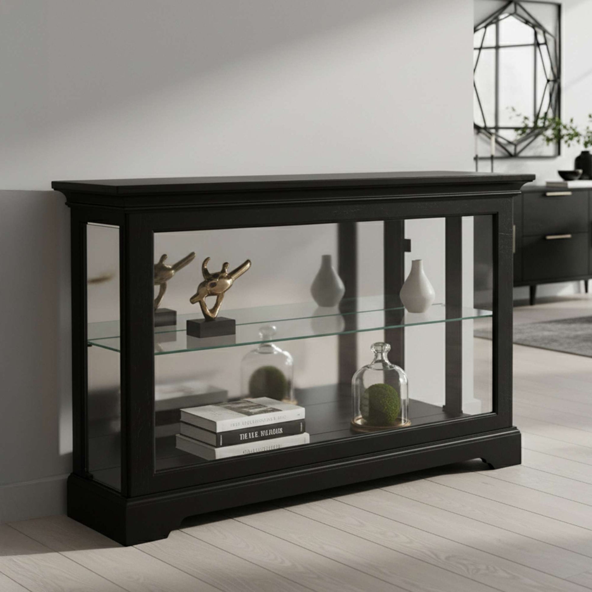Modern black display cabinet with glass shelves and decorative items
