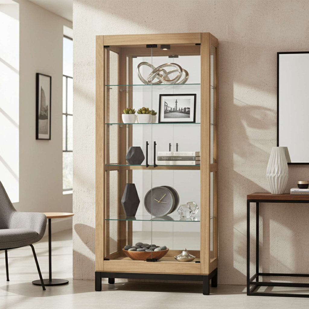 Modern wooden display cabinet with glass shelves showcasing decorative items.