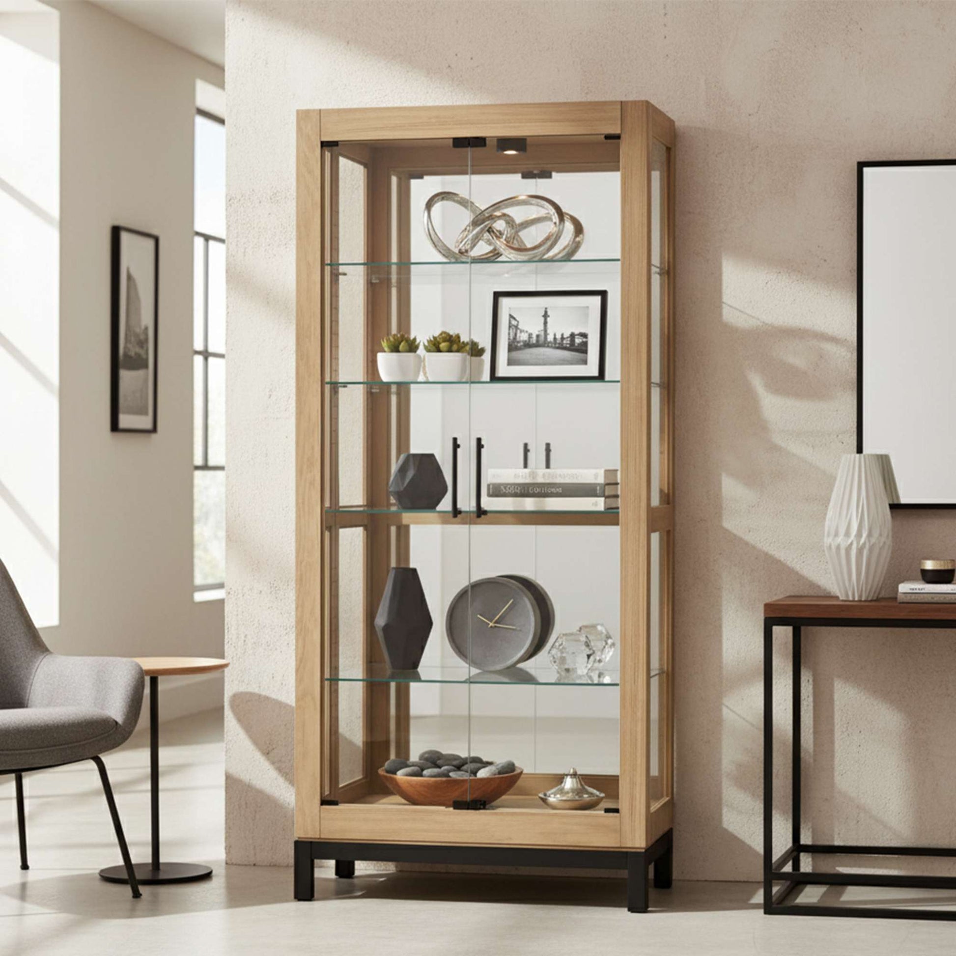 Modern wooden display cabinet with glass shelves showcasing decorative items.