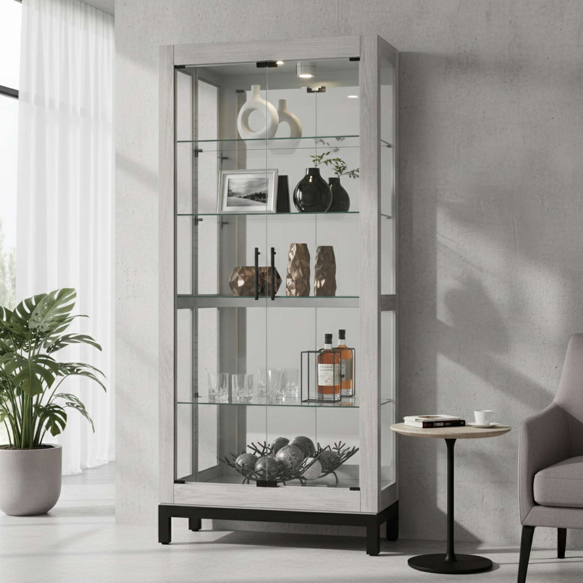 A modern display cabinet with glass shelves showcasing decorative items and plants.
