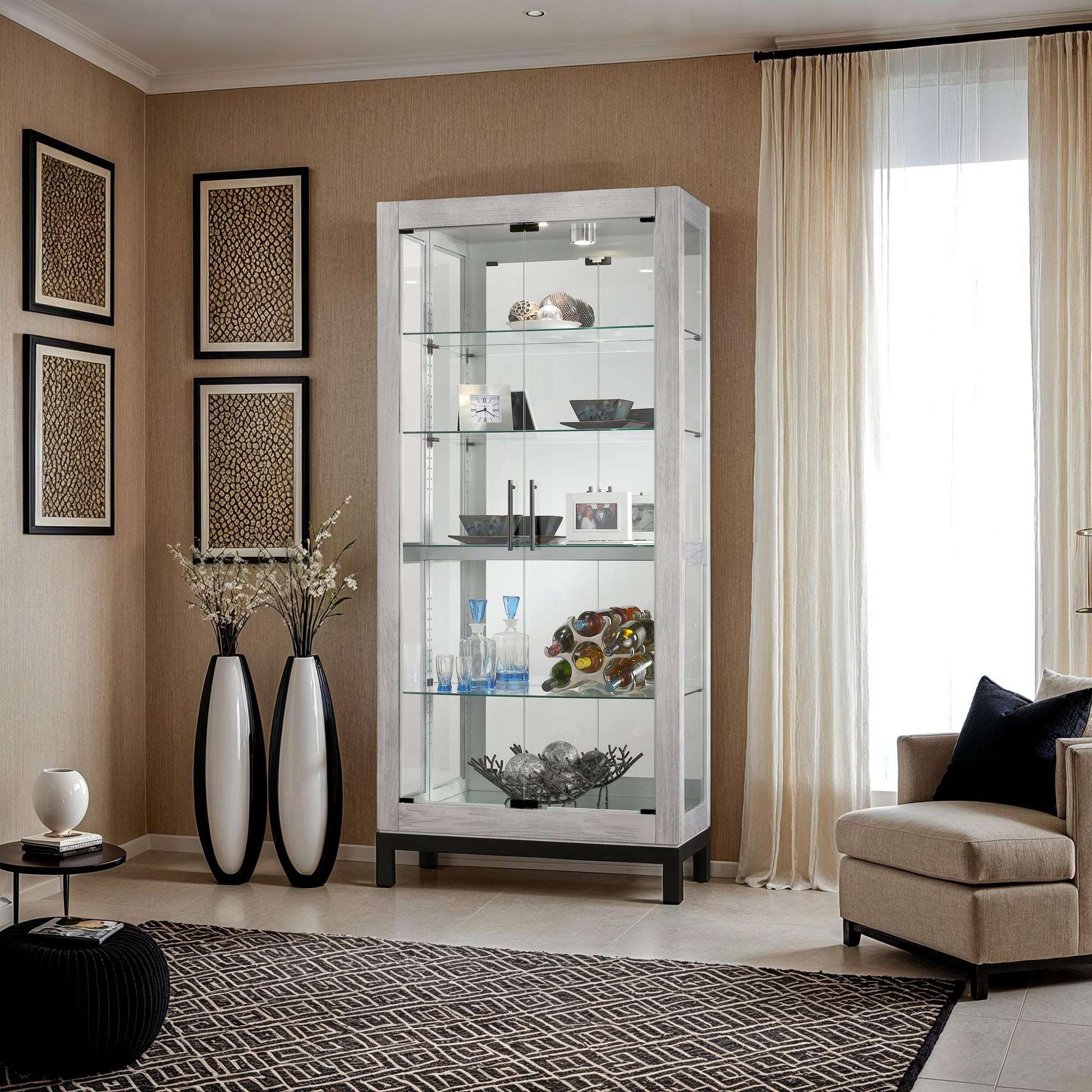 Modern living room with a glass display cabinet and decorative elements