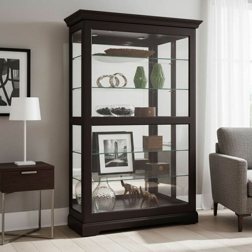 A modern display cabinet with glass shelves showcasing various decorative items.