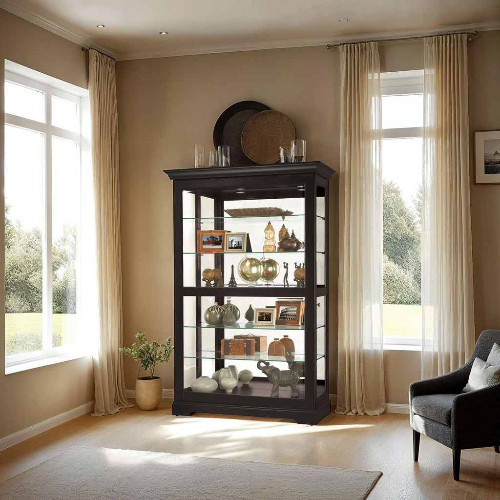 Display cabinet filled with decorative items in a sunlit room