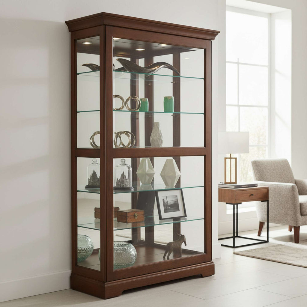 A stylish wooden display cabinet with glass shelves, showcasing decorative items in a bright room.